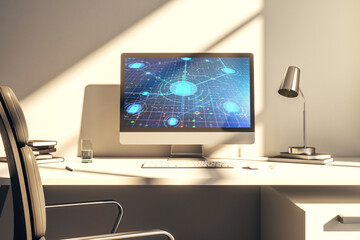 Modern computer monitor with creative lock hologram and chip. Information security concept. 3D Rendering