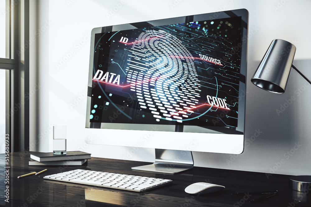 Leinwandbilder Abstract creative fingerprint hologram on modern computer monitor, protection of personal information concept. 3D Rendering