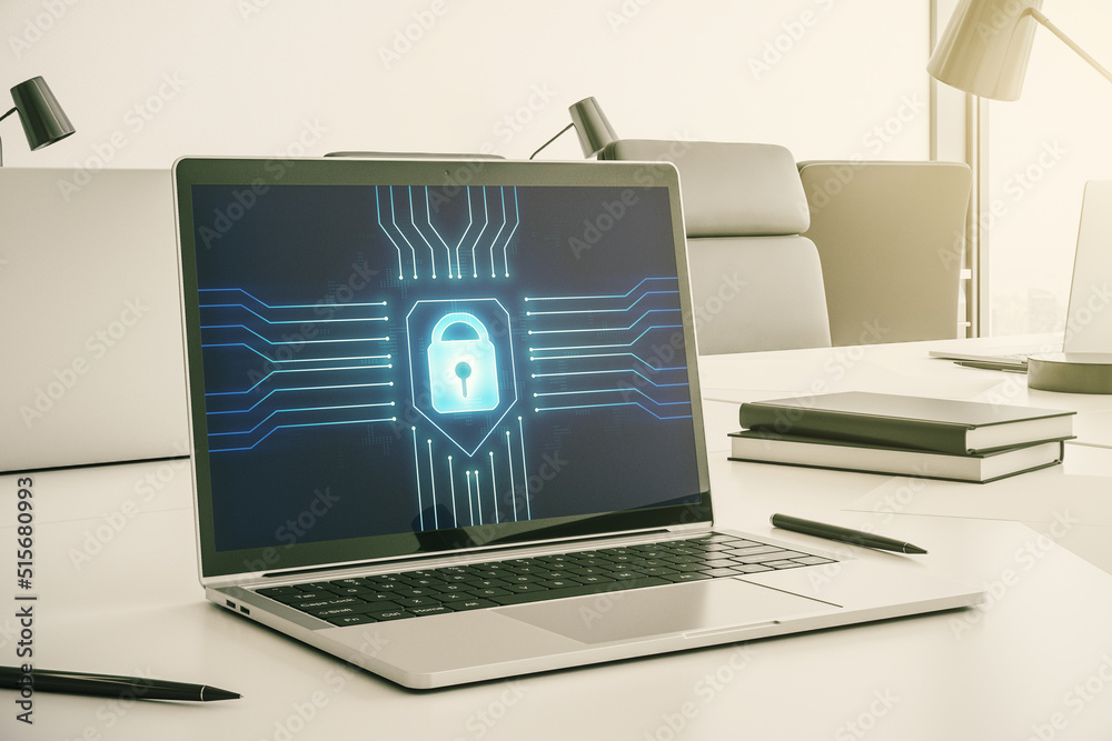 Aufkleber creative lock sketch with chip hologram on modern computer monitor, protection of personal data conc