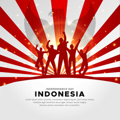 Obraz premium Modern Indonesia Independence Day design with cheerful youth and sunburst background