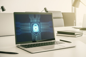 Creative lock sketch with chip hologram on modern computer monitor, protection of personal data concept. 3D Rendering