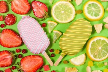 Two ice creams on a sticks - strawberry and lemon on a green background. Summer fruit desserts.
