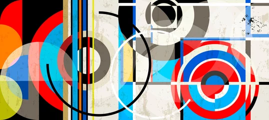 Foto op Plexiglas abstract background pattern, with circles, stripes, paint strokes and splashes, art in the bauhaus tradition © Kirsten Hinte