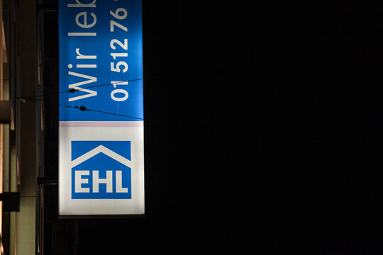 VIENNA, AUSTRIA - NOVEMBER 6, 2019: EHL Immobilien logo in front of their main office in Vienna at night. EHL Immobilien is one of biggest Real estate agents and brokers in Austria
