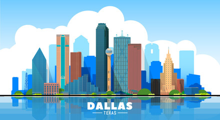 Dallas Texas skyline vector illustration. Blue background with city panorama. Travel picture.