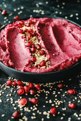 Beetroot hummus and spinach hummus. Vegan recipes, plant-based dishes. Homemade healthy organic food. Vegetarian cuisine. Top view 