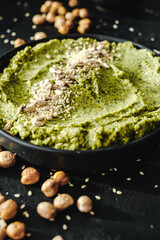 Beetroot hummus and spinach hummus. Vegan recipes, plant-based dishes. Homemade healthy organic food. Vegetarian cuisine. Top view 