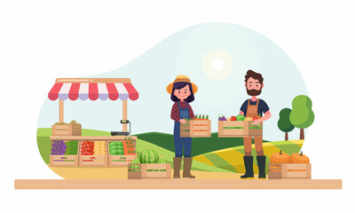 Farm shop. Local stall market. Support local farmers concept. Flat vector illustration. - obrazy, fototapety, plakaty