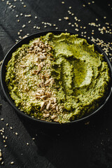 Beetroot hummus and spinach hummus. Vegan recipes, plant-based dishes. Homemade healthy organic food. Vegetarian cuisine. Top view 