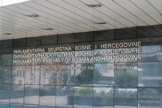 Sarajevo, Bosnia And Herzegovina - June 3, 2022: Inscription In 3 Languages Parliamentary Assembly Of Bosnia And Herzegovina. The Facade Is Reconstructed With The Help Of The Kingdom Of Norway.