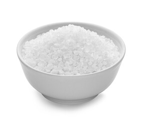 salt cellar with large crystal sea salt isolated on white.