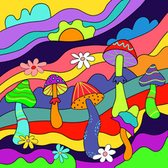 Vector illustration of acid trippy mushrooms. Psychedelic hippy landscape illustration with trippy vibrant mushrooms. 1970s vibes poster