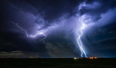 Beautiful shot of lightning strike in night sky over a field near small village on a stormy night