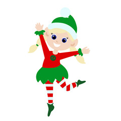 Little cute elf girl is jumping in delight. The child is dressed in an elf costume and she is happy. Cartoon vector illustration isolated on white background.