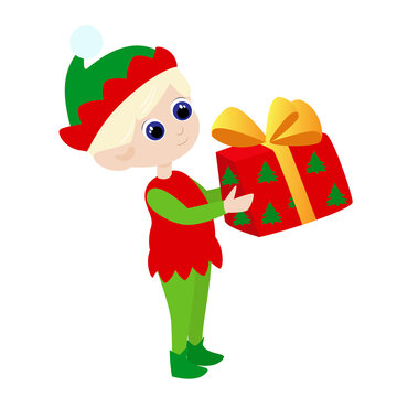 Elf boy holding a gift in his hands. The child is dressed in a traditional green and red costume. Christmas vector cute character.