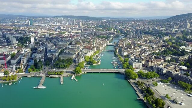 Aerial drone footage of Zurich cityscape and lake Zurich. Switzerland.