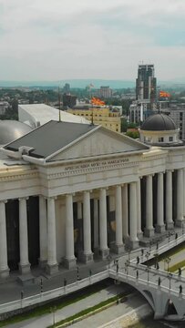 Vertical aerial view of the Archaeological Museum of the Republic of Macedonia, Skopje