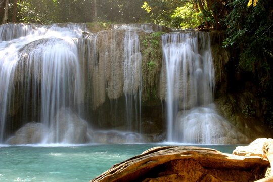 Scenic view of a beautiful cascade waterfall in Erawan National Park