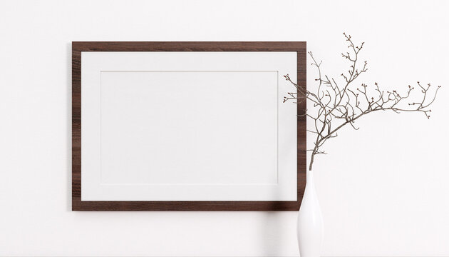 Product placement concept. Mockup or copy space for media presentation. Wooden landscape frame on white background. 3D rendering.
