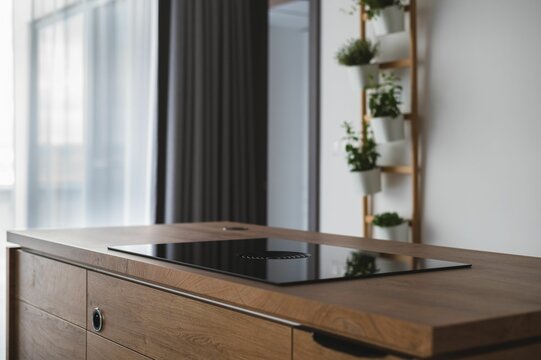 Beautiful Shot Of A Modern Apartment With A Sound Bar Device Built In A Wooden Desk