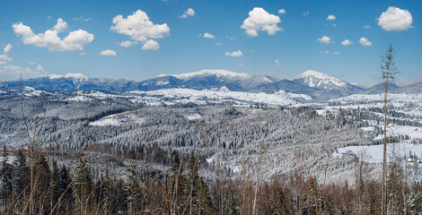 Winter remote alpine village outskirts, countryside hills, groves and farmlands view from mountain slope