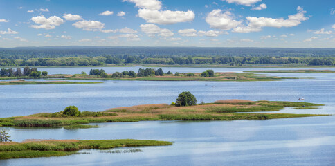 Dnipro river summer panoramic landscape, Kaniv water Reservoir, Kyiv Region, Ukraine.