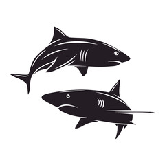 Vector Cartoon Shark Set Isolated. Hand Drawn Monochrome Cutout Black Sharks Isolated on White. Ocean Predator. Marine, Ocean, Sea Animals. Shark Character Design for Logo, Tatto, Print, Cards