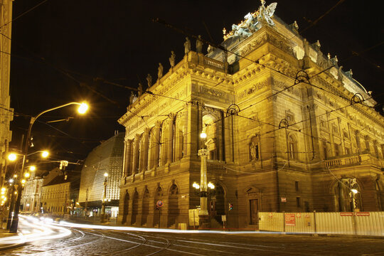Narodni Divadlo Praha (National Theater Prague) at night with long exposure shot