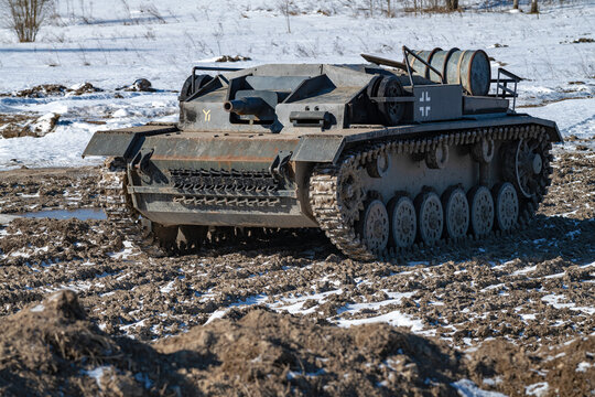 KRASNOE SELO, RUSSIA - MARCH 27, 2022: Sturmgesch&uuml;tz III (StuG III) self-propelled assault gun on a tank range on a sunny March day. Military Historical Park "Steel Landing"