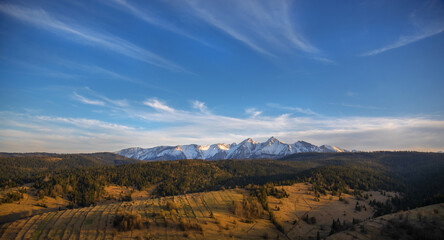 Panorama High Tatras. Beautiful landscape in Osturna village. Amazing mountains. 