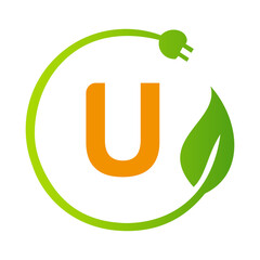 Letter U Green Energy Electrical Plug Logo Template. Electrical Plug Sign Concept with Eco Green Leaf Vector Sign © pixstocker