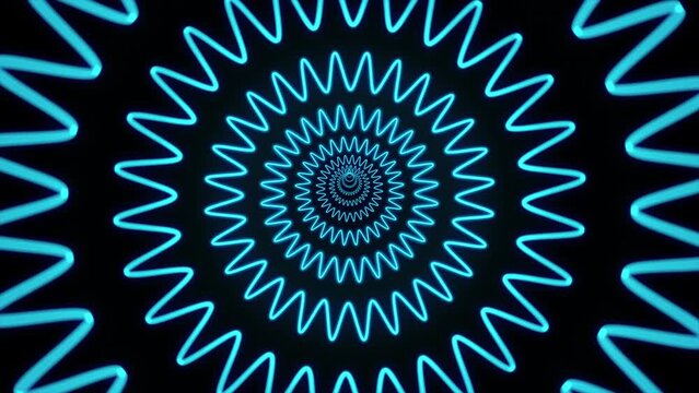 Abstract glowing blue zig-zag line circles rotating motion background. Hypnotic concept, seamless loop, video animation. Ultra HD 4K 3840x2160