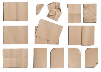 Collection of Recycled paper,crumpled paper,unfolded piece paper on white background