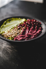 Beetroot hummus and spinach hummus. Vegan recipes, plant-based dishes. Homemade healthy organic food. Vegetarian cuisine. Top view 