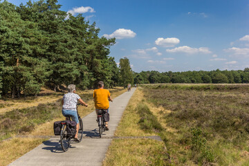 People riding their bicycle in national park Dwingelderveld in Drenthe, Netherlands