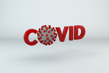 A single realistic COVID-19 Coronorvirus in grey, red and yellow in place of the letter 'O' of COVID, on a white background. This is a very high-resolution file for use in print or on screen. 
