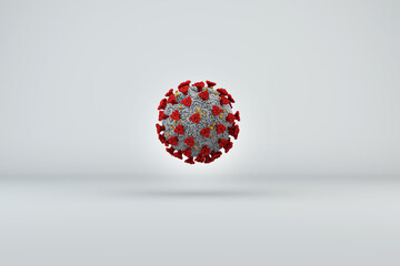 A single realistic COVID-19 Coronorvirus in grey, red and yellow on a white background. This is a very high-resolution file for use in print or on screen. 