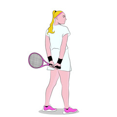 Young tennis player with pink racket in hands, standing position.
