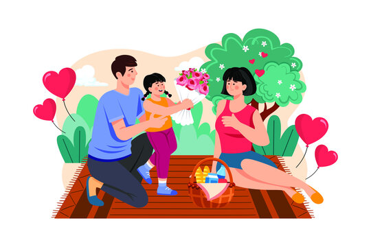 The Daughter Gives Her Mother Flowers On March 8 flat illustration concept on white background