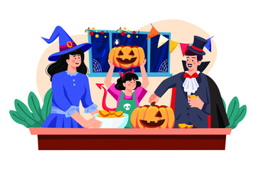 The Family Is Decorating For Halloween flat illustration concept on white background