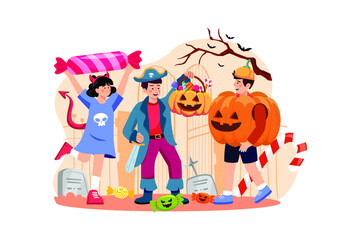 Three Children Dressed With Pumpkins flat illustration concept on white background