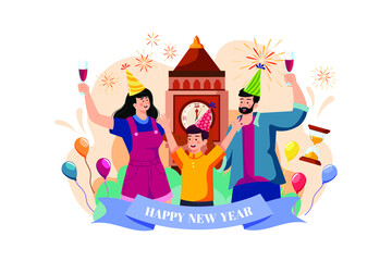 Family Celebrating On New Year's Eve flat illustration concept on white background