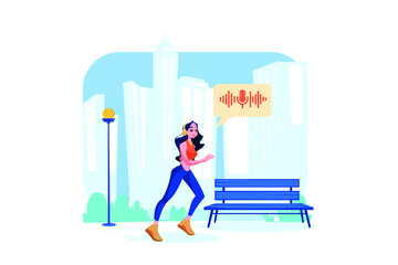 Woman listening to a podcast while jogging flat illustration concept on white background