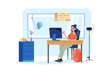 Woman editing podcast at the studio