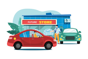 Female customer taking test ride of new car