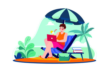 Fototapeta premium Freelancer working on the beach flat illustration concept on white background