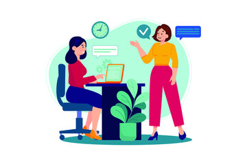 Girl chatting with employees flat illustration concept on white background