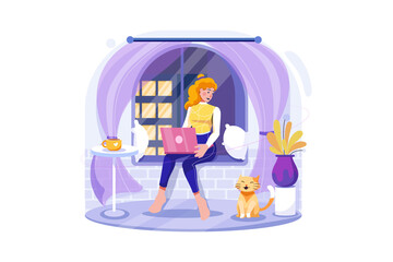 Woman working from home Illustration concept. Flat illustration isolated on white background