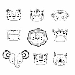 Set of black and white animal heads, vector illustration