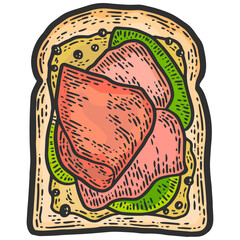 Ham sandwich. Sketch scratch board imitation. Color picture raster.